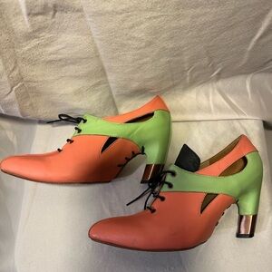 John Fluevog Coral and Green Lace-Up Boots